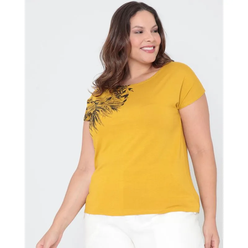 Blusa Plus Size Estampada Mostarda G2