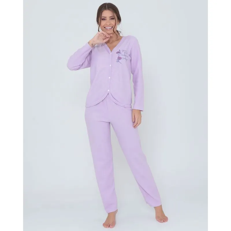Pijama Feminino Longo Malha Soft Com Botões Lilás M