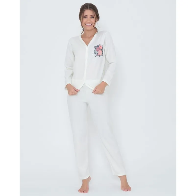 Pijama Feminino Longo Malha Soft Com Botões Off White P