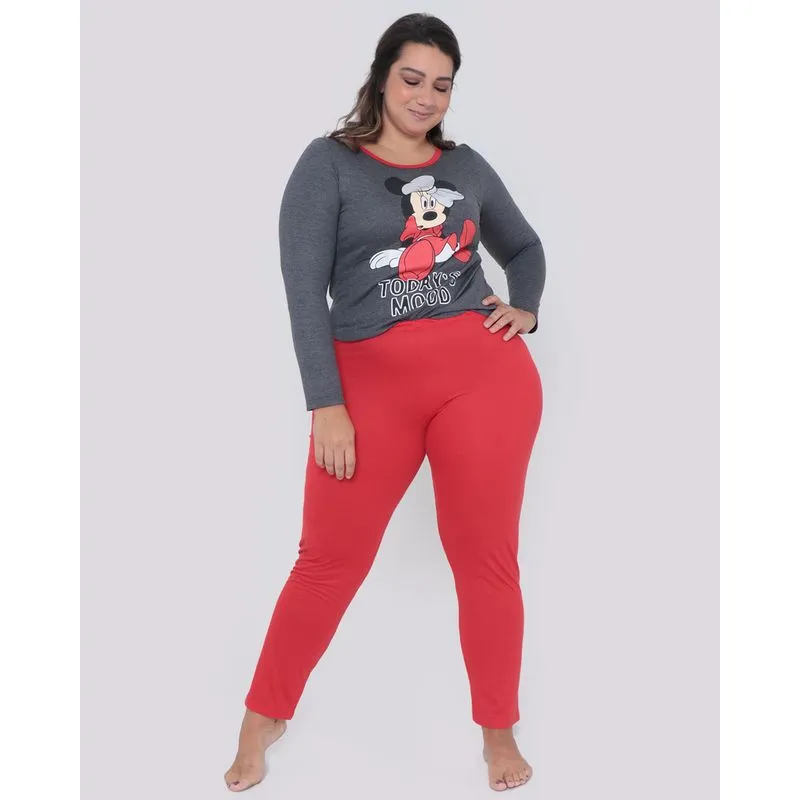Pijama Plus Size Feminino Longo Minnie Disney Cinza Escuro G3