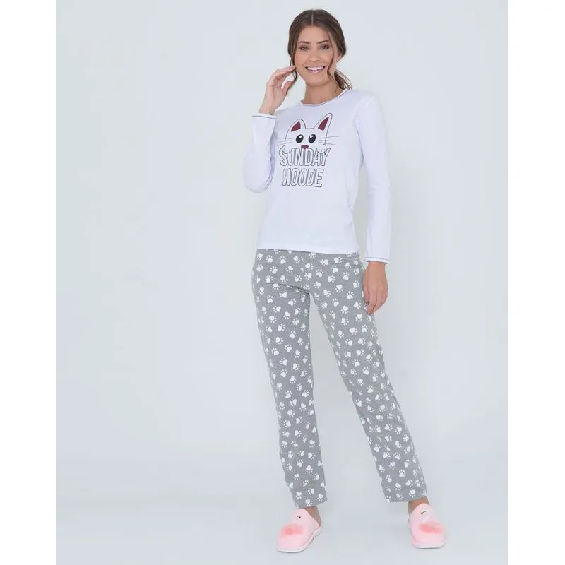Pijama Feminino Longo Estampa Gatinho Branco G
