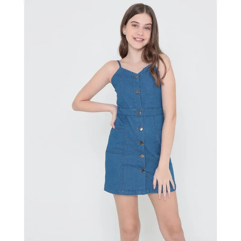 Vestido Jeans Juvenil Alcinha Botões Azul 14