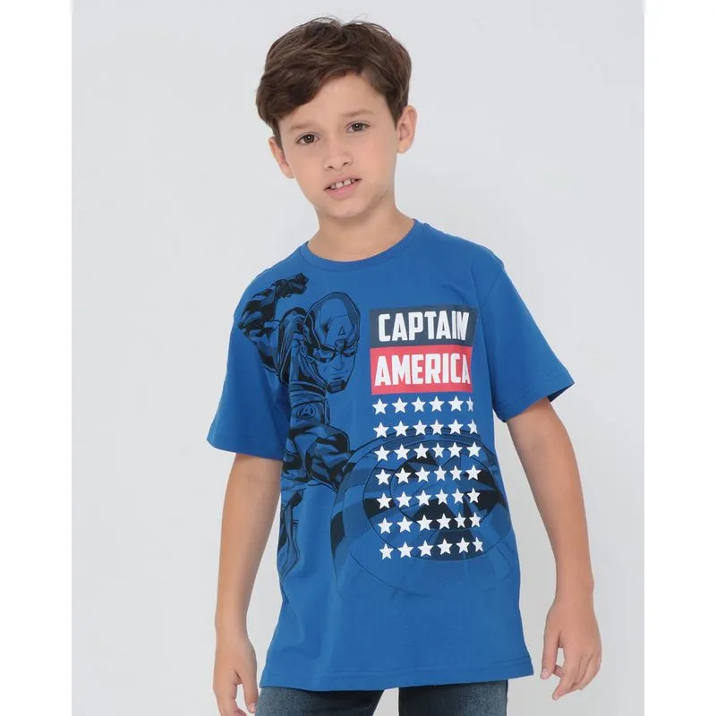 Camiseta Infantil Estrelas Capitão América Marvel Azul 12