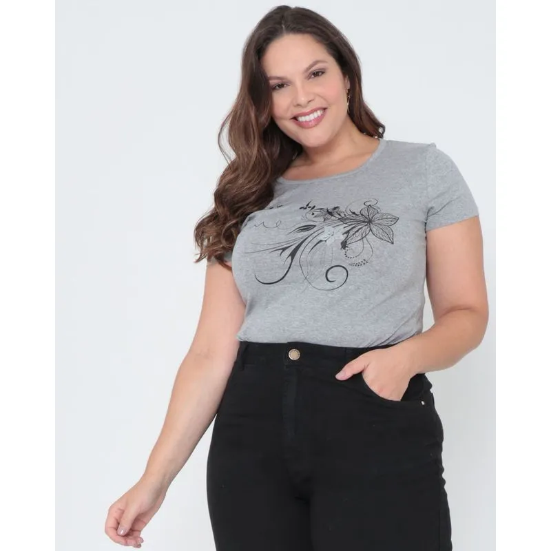 Blusa Plus Size Estampada Mescla Cinza G2
