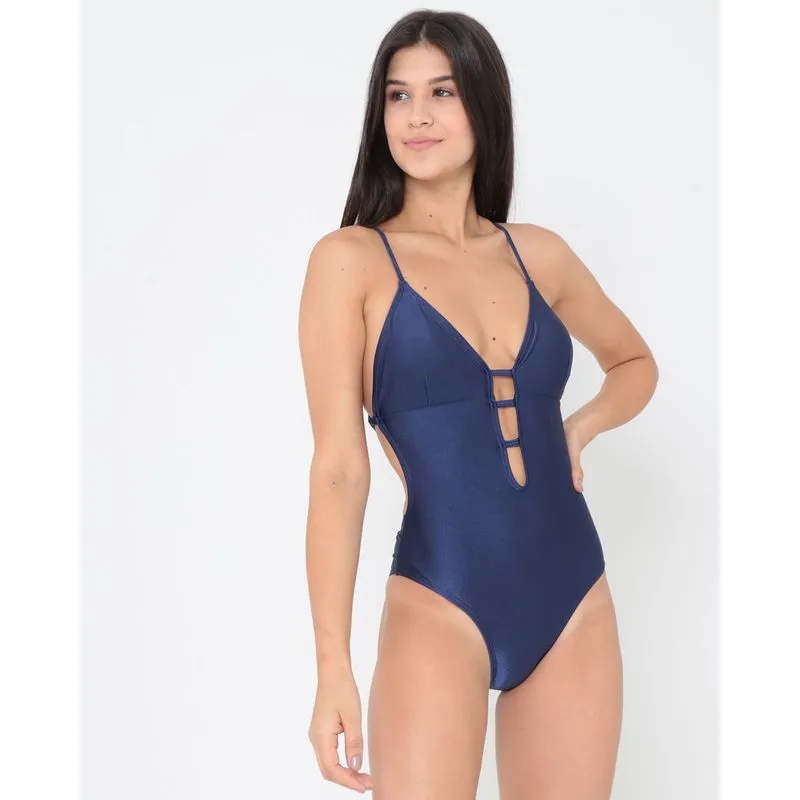 Maiô Decote Cavado Tecido Brilhoso Azul Marinho P