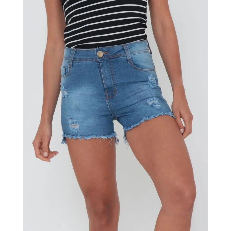 Short Jeans Franzido e Destroyed Azul 44