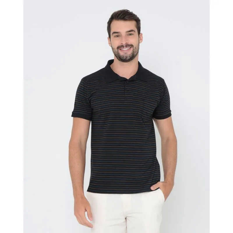 Polo Masculina Listrada Manga Curta Preta P