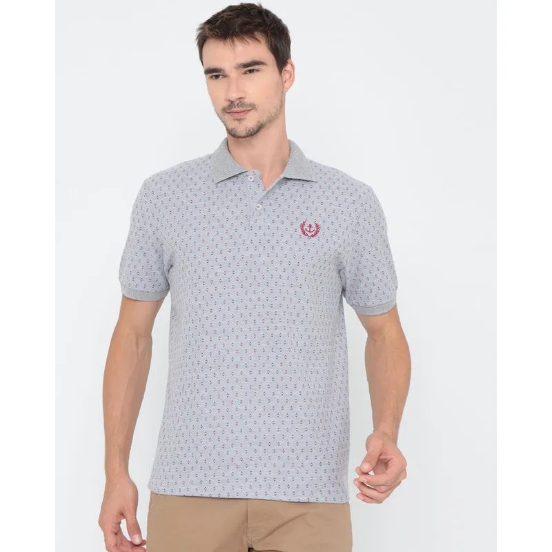 Polo Masculina Estampada Manga Curta Em Ribana Cinza GG