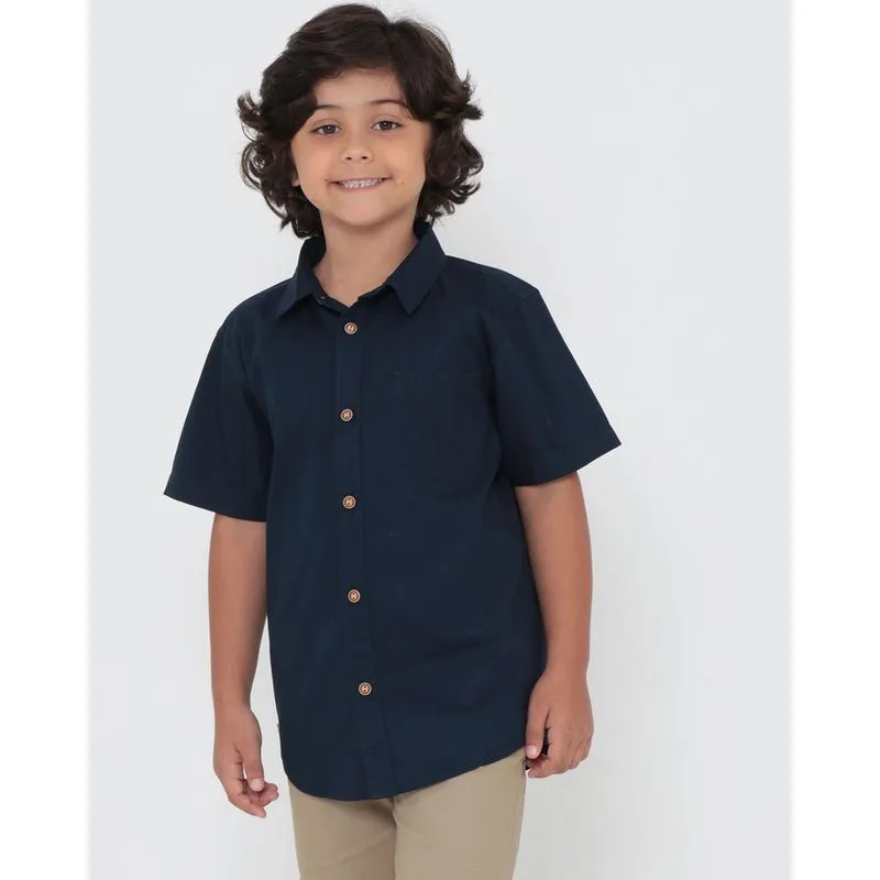 Camisa Infantil Lisa Com Bolso Azul Marinho 10