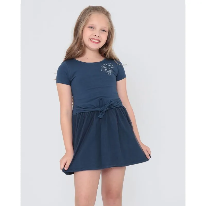 Vestido Infantil Amarração Com Tule Azul Marinho 4
