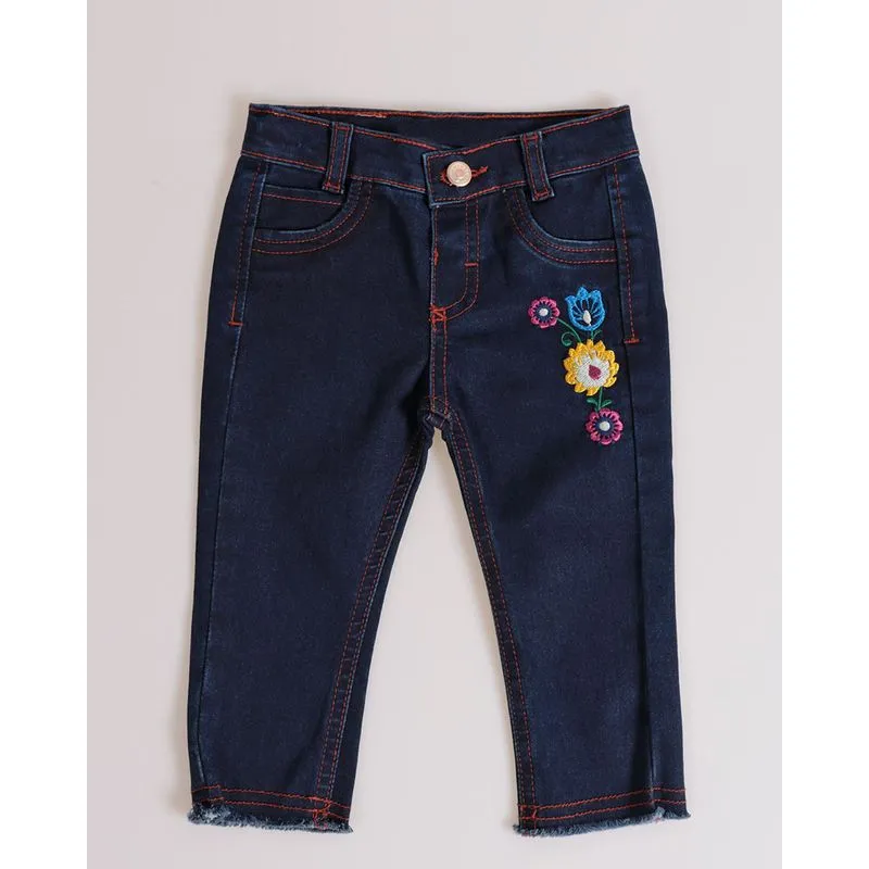 Calça Jeans Bebê Bordado Floral Azul G
