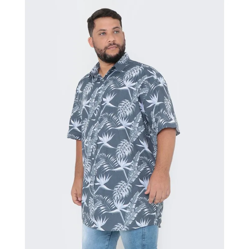 Camisa Masculina Plus Size Floral Cinza 8
