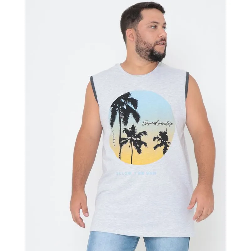 Regata Plus Size Estampa Tropical mescla Cinza G3