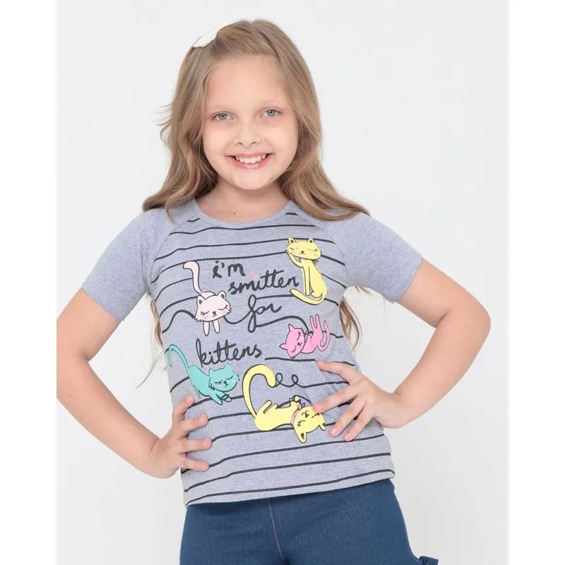 Blusa Infantil Listras Gatinhos Mescla Cinza 8