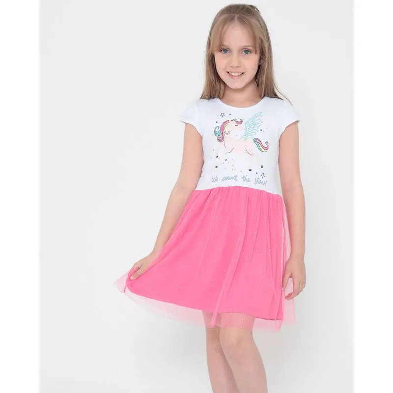 Vestido Infantil Estampa Unicórnio Tule Rosa 8