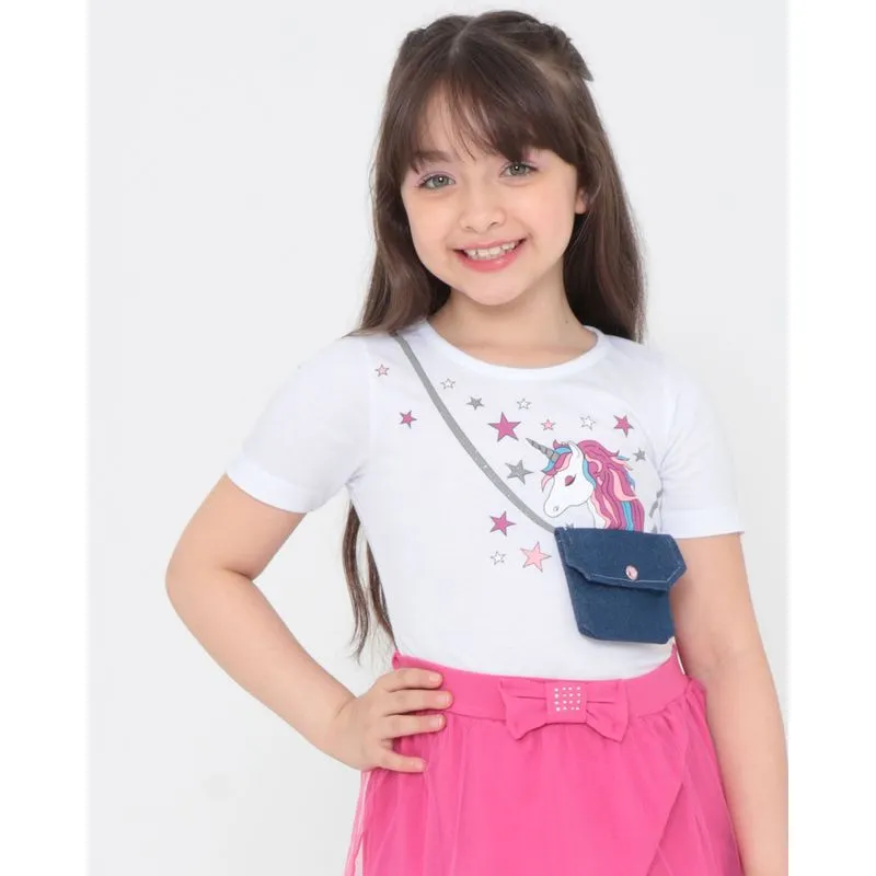 Blusa Infantil Com Bolsinha Unicórnio Branca 6