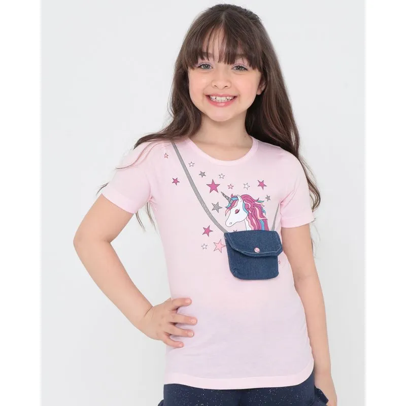 Blusa Infantil Com Bolsinha Unicórnio Rosa Claro 8