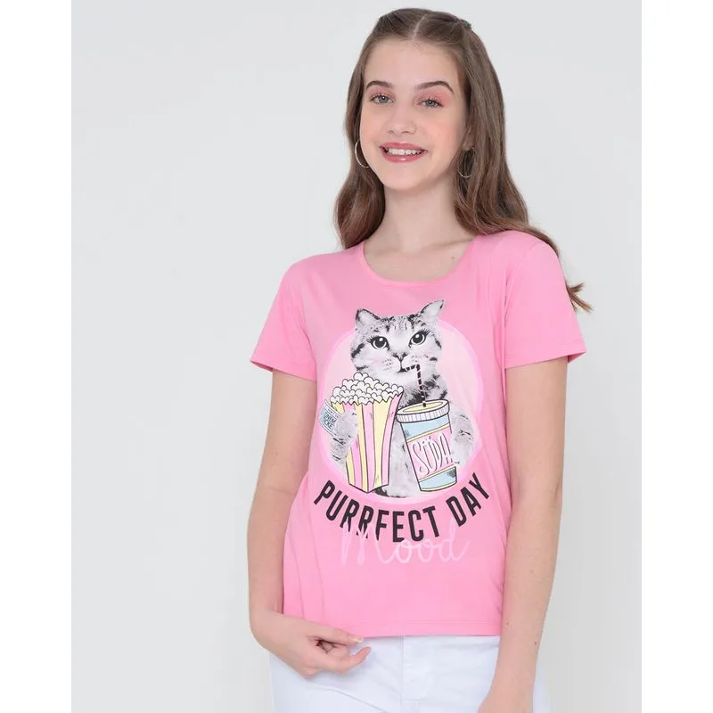 Blusa Juvenil Estampa Gato Rosa 14
