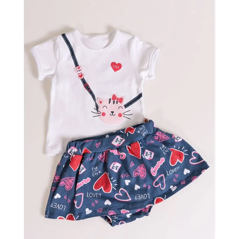 Conjunto Bebê Saia Com Calcinha Gatinho Branco M