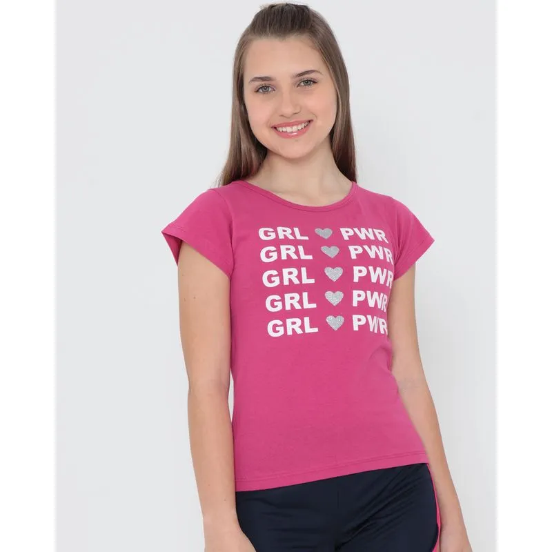 Blusa Juvenil Manga Curta Estampa Com Brilho Rosa 16