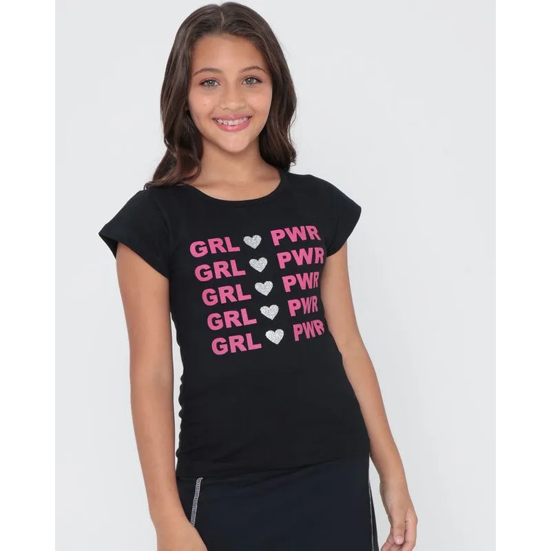 Blusa Juvenil Manga Curta Estampa Com Brilho Preta 12