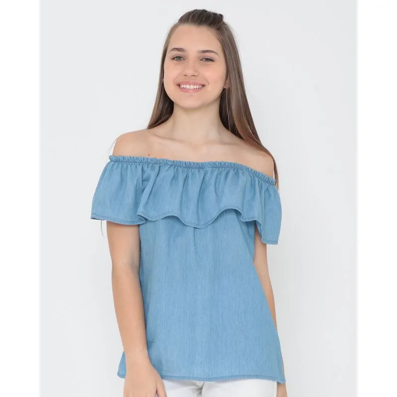 Blusa Juvenil Ciganinha Babado Azul 16