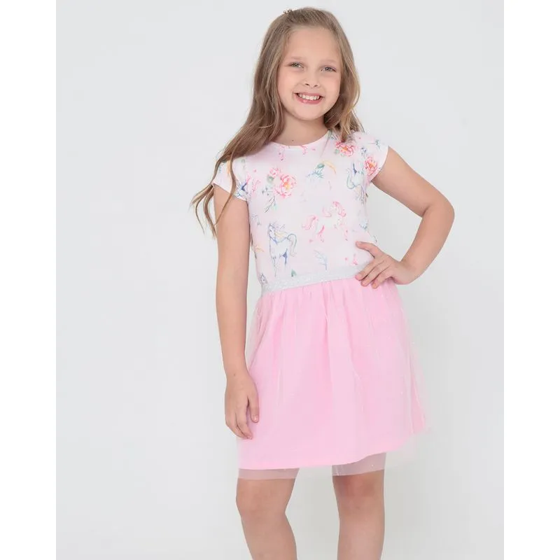 Vestido Infantil Estampa Unicórnio Tule Rosa 4