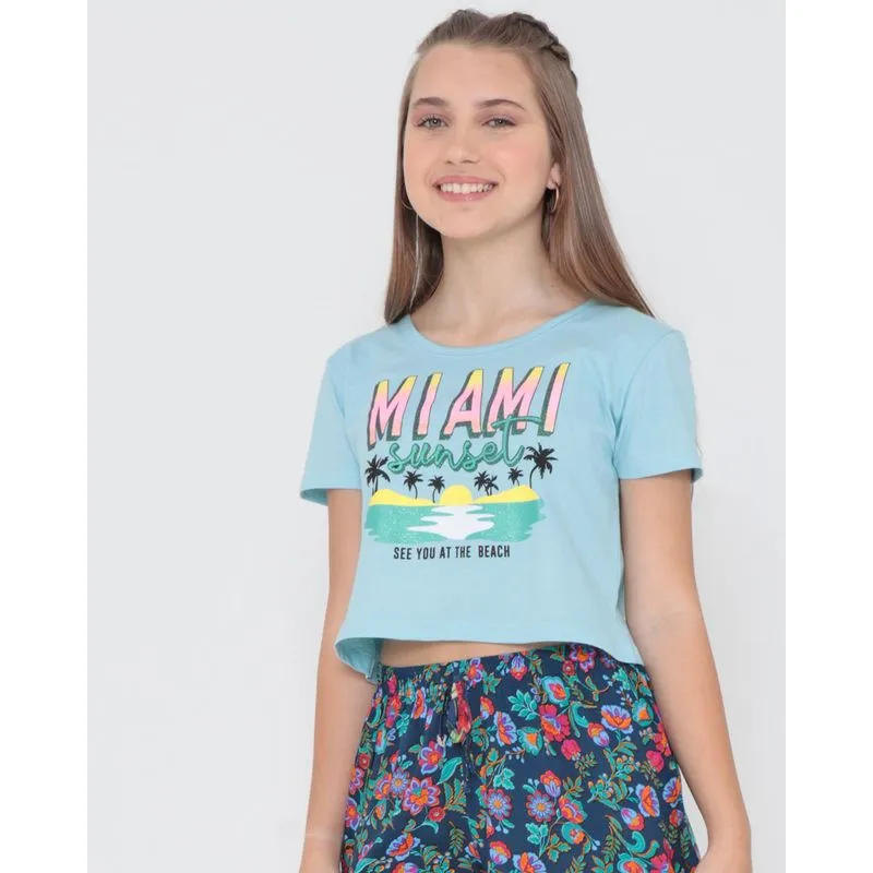 Blusa Juvenil Cropped Estampa Frontal Azul 14