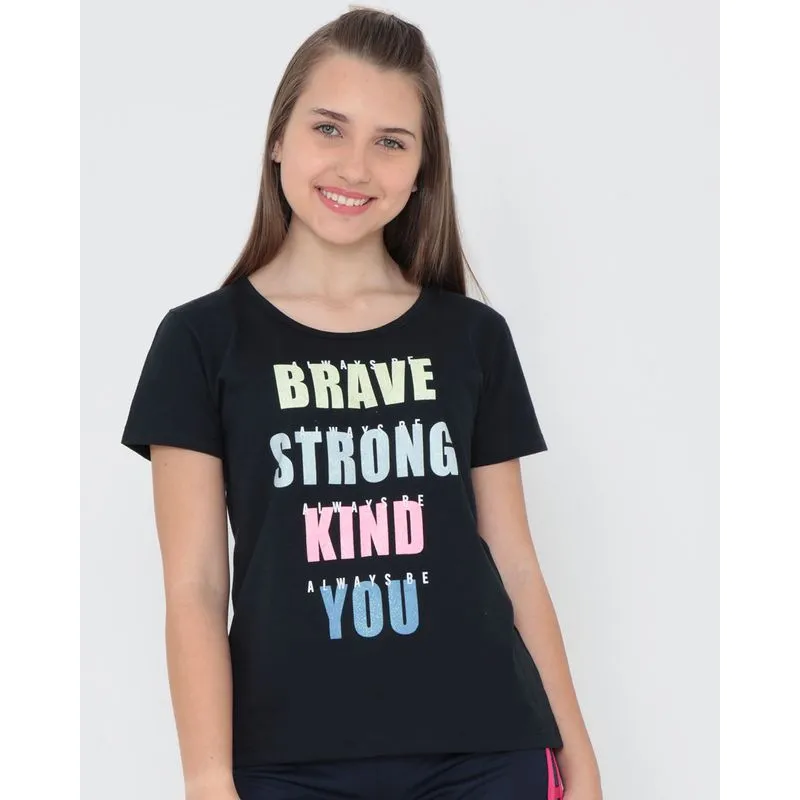 Blusa Juvenil Estampa Frontal Preta 16