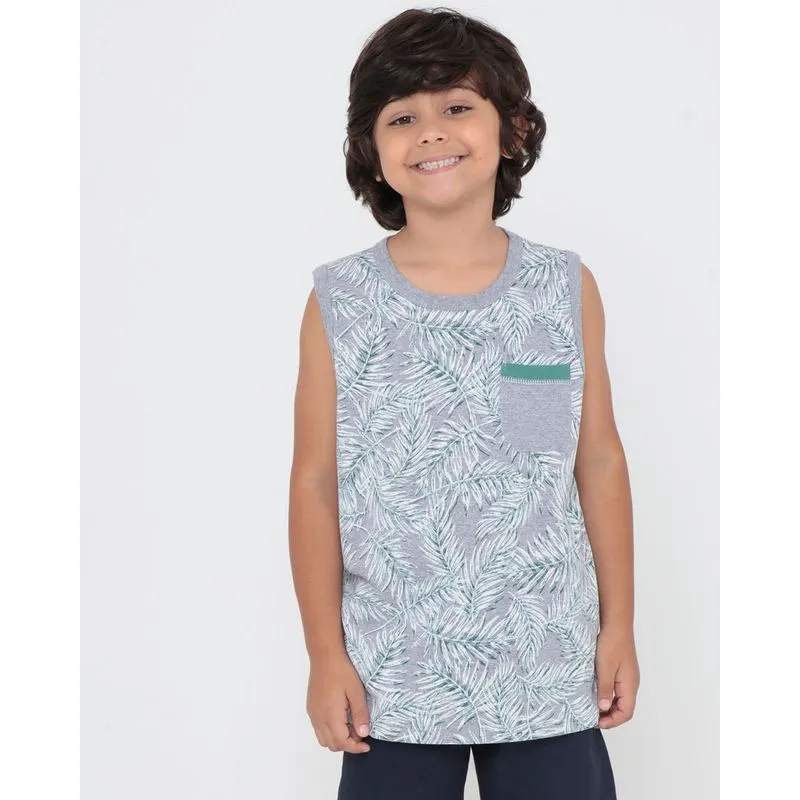 Regata Infantil Estampa Folhas Mescla Cinza 6