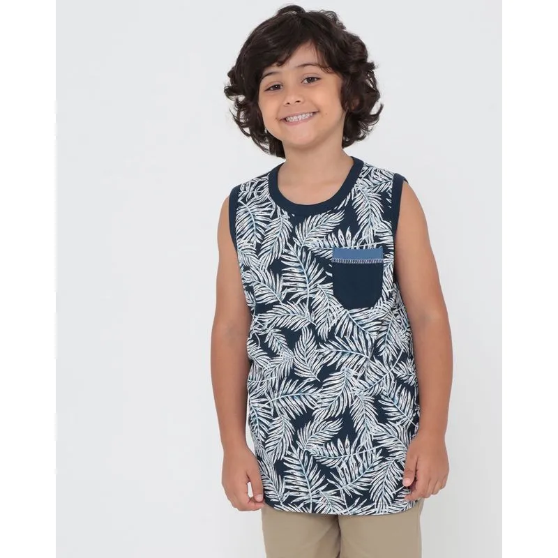 Regata Infantil Estampa Folhas Mescla Azul Marinho 10