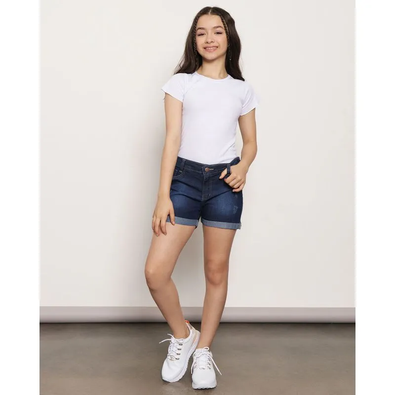 Short Jeans Juvenil Barra Dobrada Com Puídos Azul 16