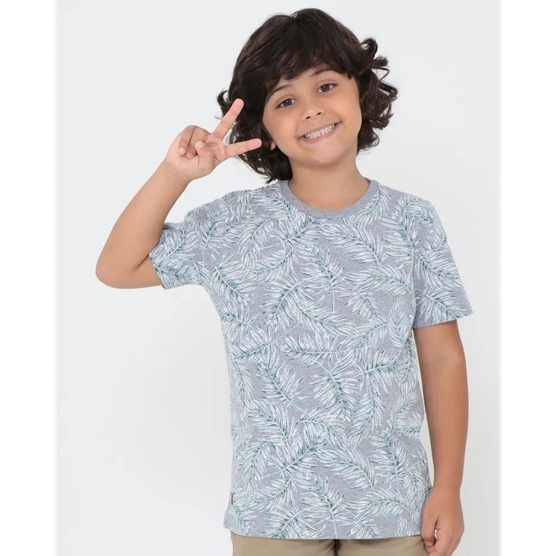 Camiseta Infantil Estampa Folhas Mescla Cinza 10