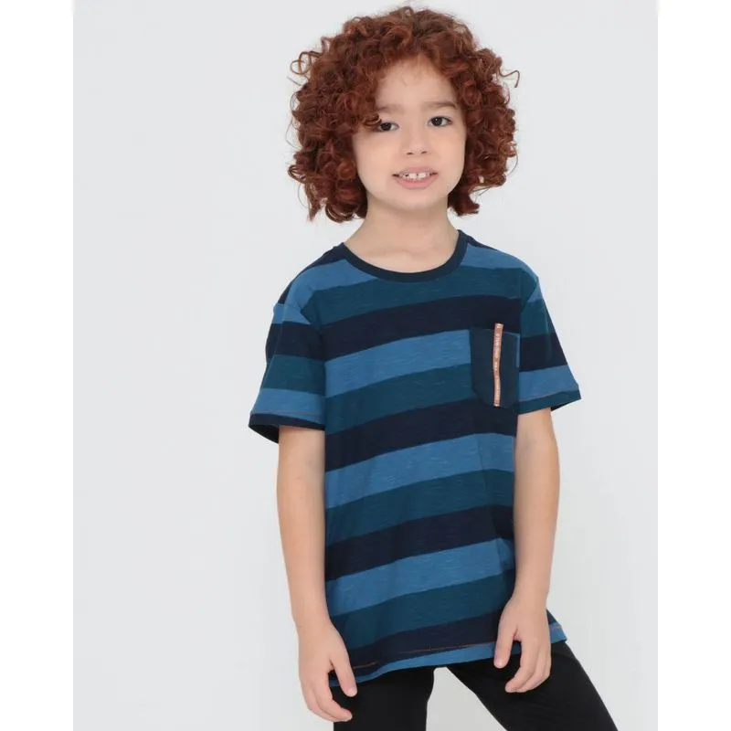 Camiseta Infantil Com Bolso Listrada Azul Marinho 8