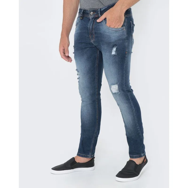 Calça Jeans Masculina Skinny Destroyed Azul Escuro 42
