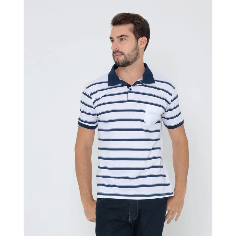 Polo Masculina Listrada Com Bolso Branca M