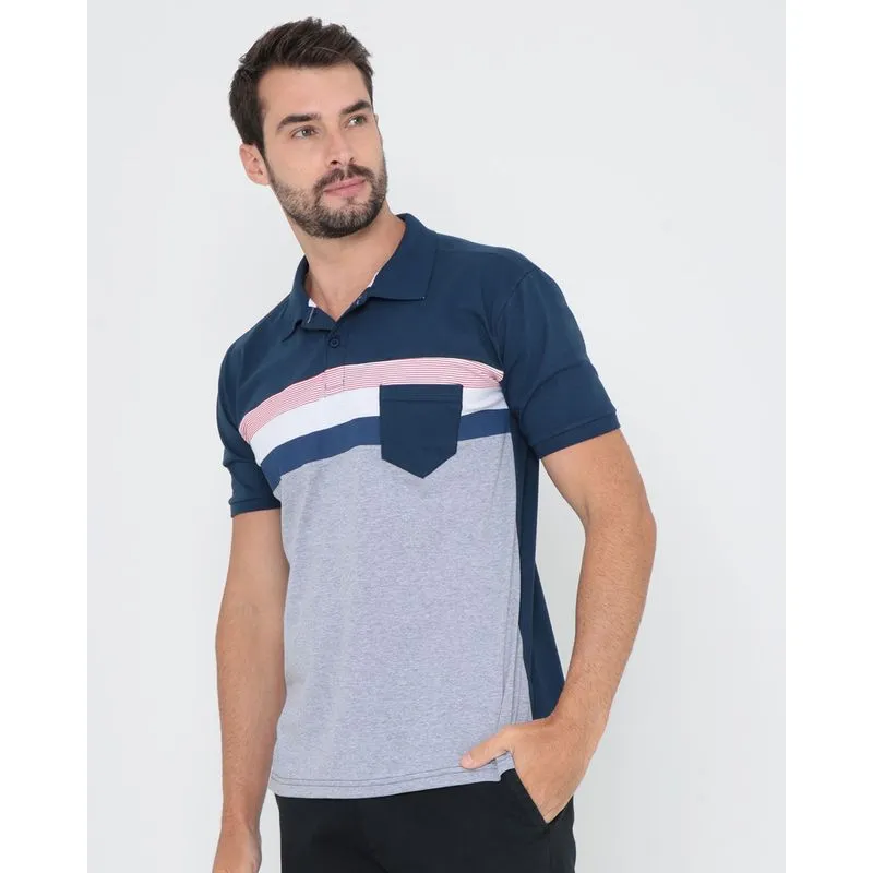 Polo Masculina Manga Curta Com Bolso Azul Marinho G