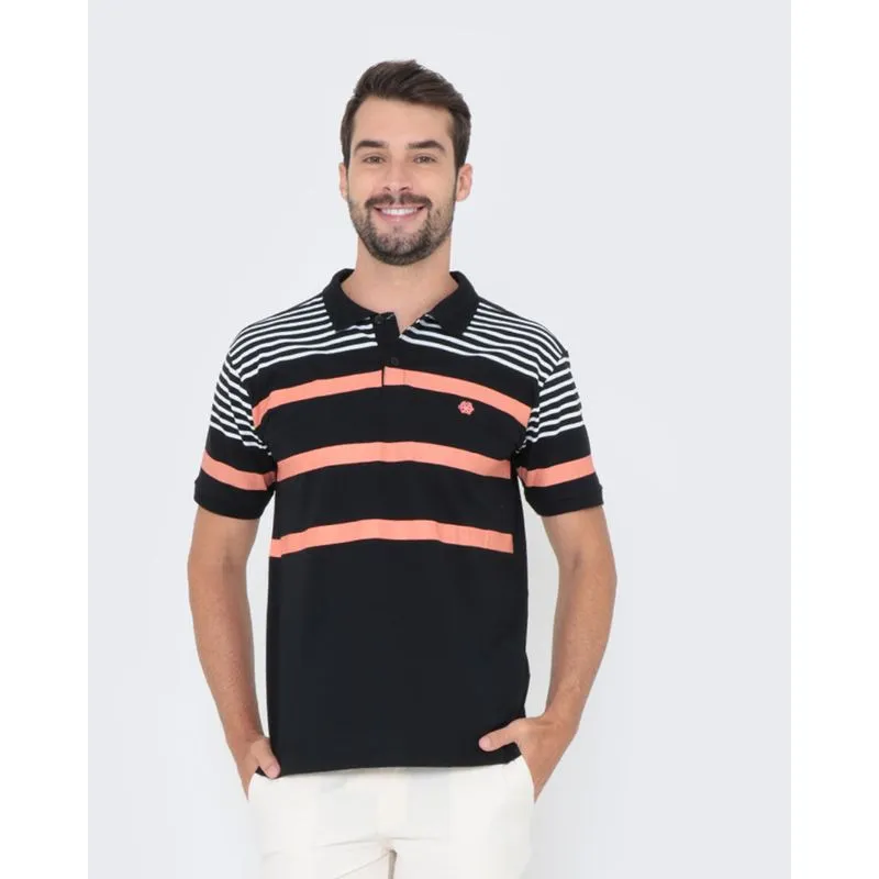 Polo Masculina Manga Curta Com Listras Preta G