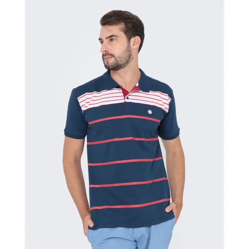 Polo Masculina Manga Curta Com Listras Azul Marinho P