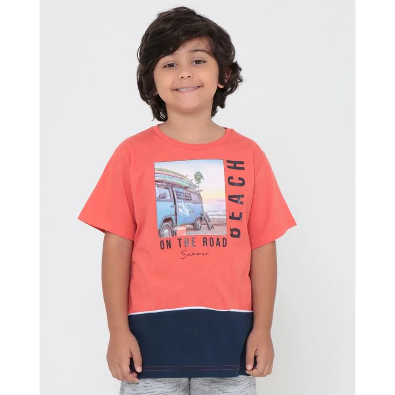 Camiseta Infantil Com Viés Estampada Surf Laranja 6