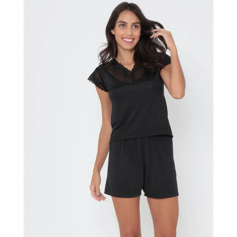 Pijama Short Doll Liganete Renda Preto 46