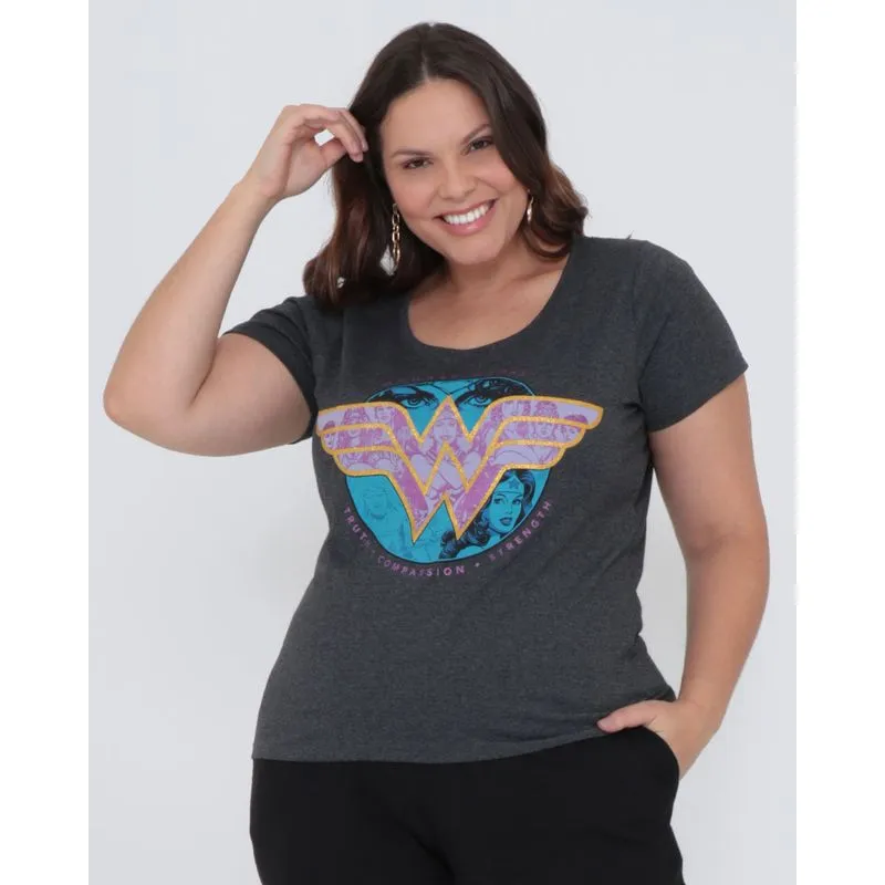 Camiseta Plus Size Mulher Maravilha Liga Da Justiça Cinza G3