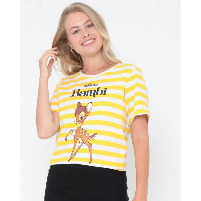 Camiseta Feminina Algodão Disney Bambi Listrada Amarela GG