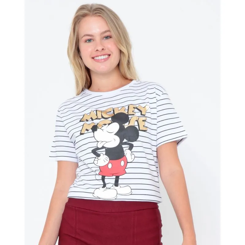 Camiseta Feminina Over Size Disney Mickey Mouse Listrada Branca P