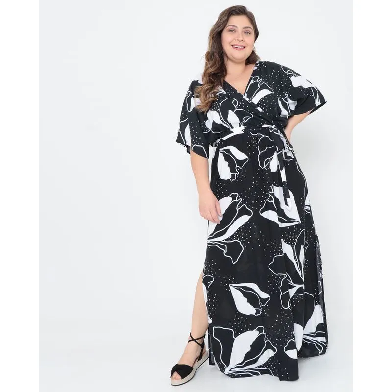 Vestido Plus Size Longo Floral Preto G1