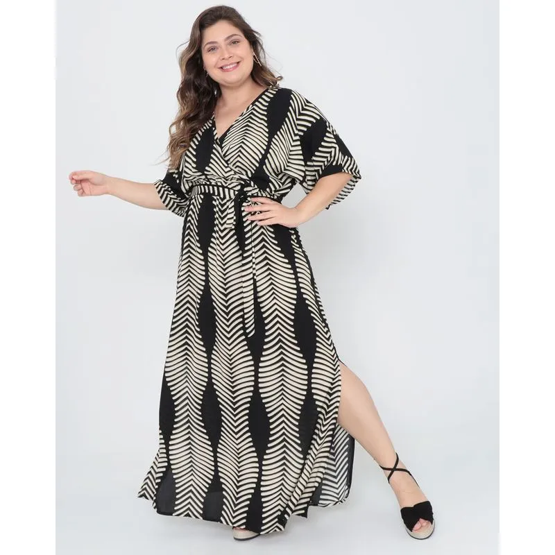 Vestido Plus Size Longo Estampado Preto G3