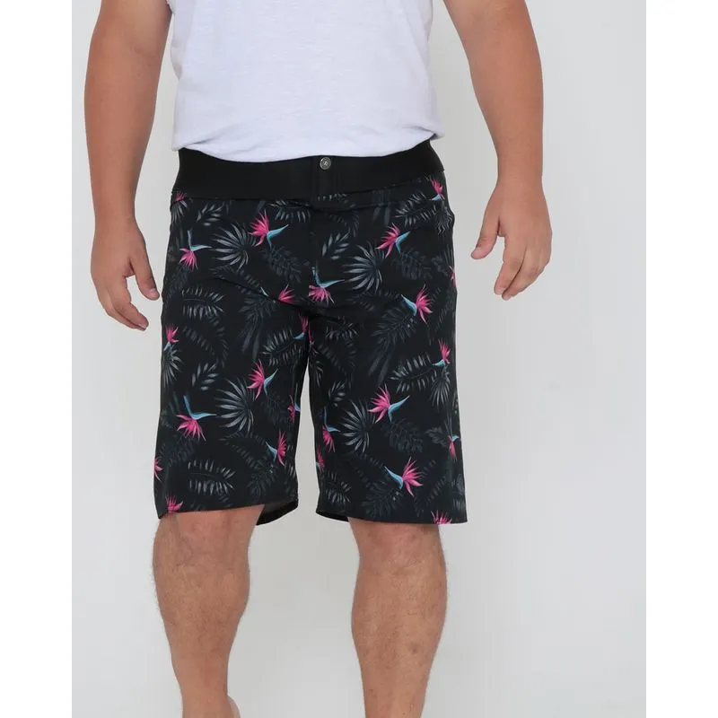 Bermuda Masculina Plus Size Cós Neoprene Floral Preta 54