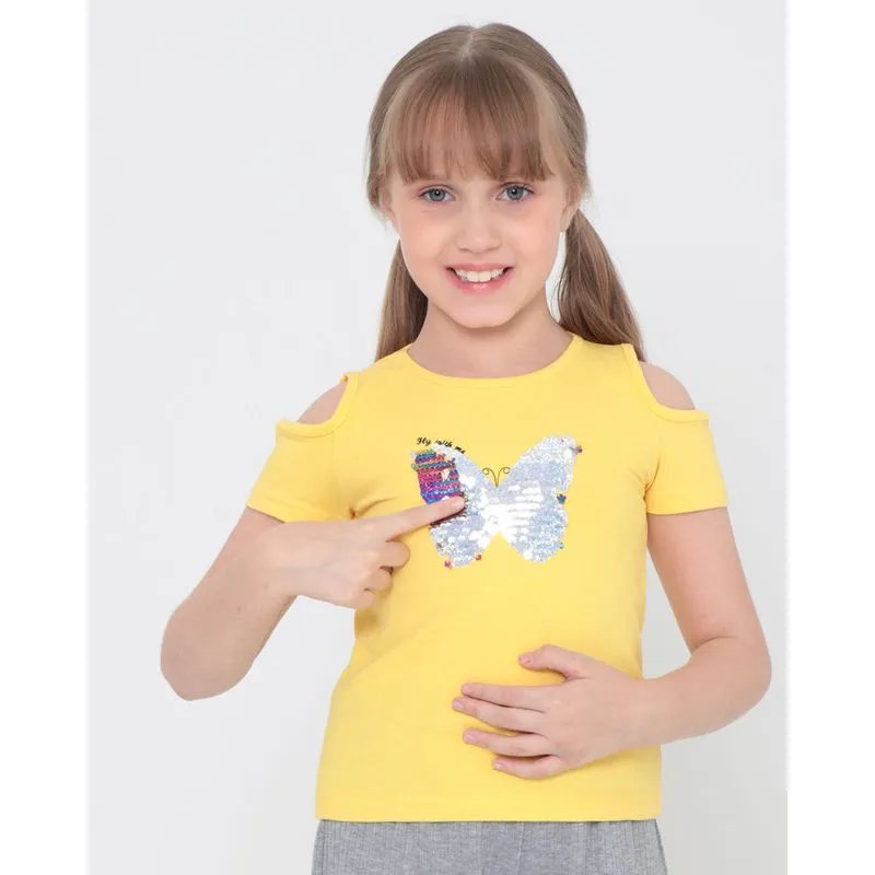 Blusa Infantil Open Shoulder Paetê Reversível Manga Curta Amarela 6