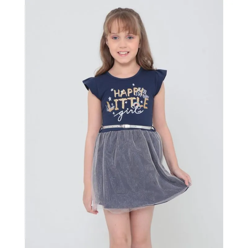 Vestido Infantil Com Cinto Estampado Com Tule Azul Marinho 4
