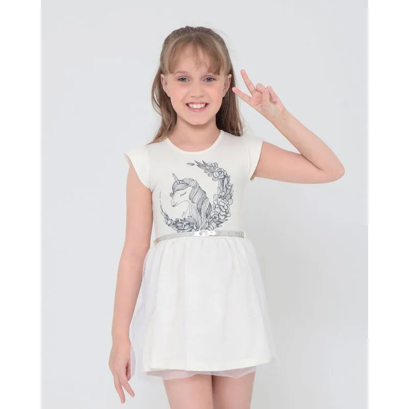 Vestido Infantil Com Cinto Estampa Unicórnio Tule Off White 6